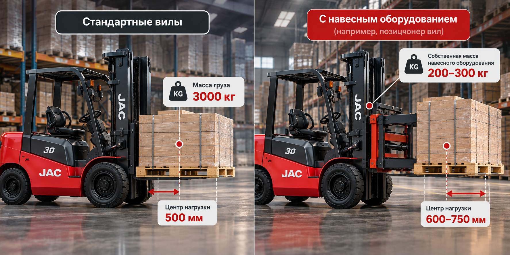 Влияние центра нагрузки на грузоподъёмность вилочного погрузчика JAC – сравнение груза 3000 кг при центре нагрузки 500 и 750 мм.